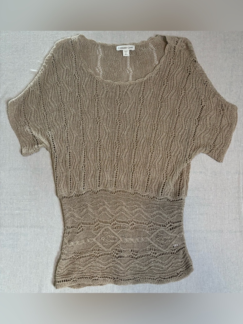 Coldwater Creek Women’s 10-12 Taupe Open-Knit Short Sleeve Sweater